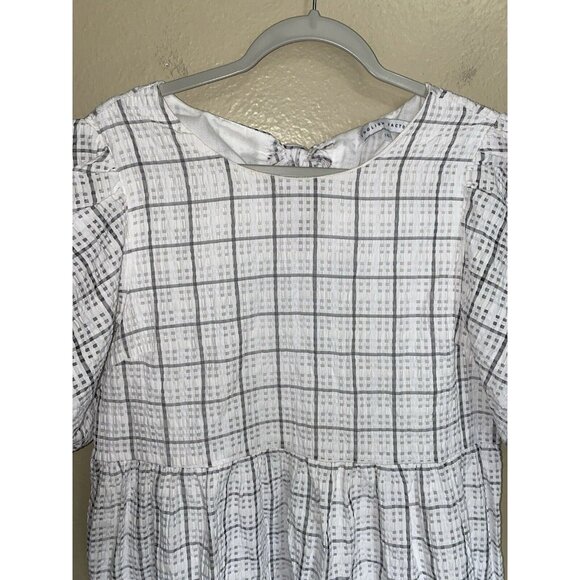 English Factory Dress White Gray Plaid Midi Tiered Cottage Lined - Picture 2 of 11